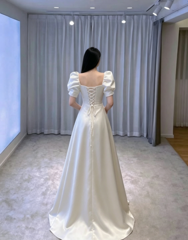 White Satin Wedding Dress Charming Bridal Dress      S1436