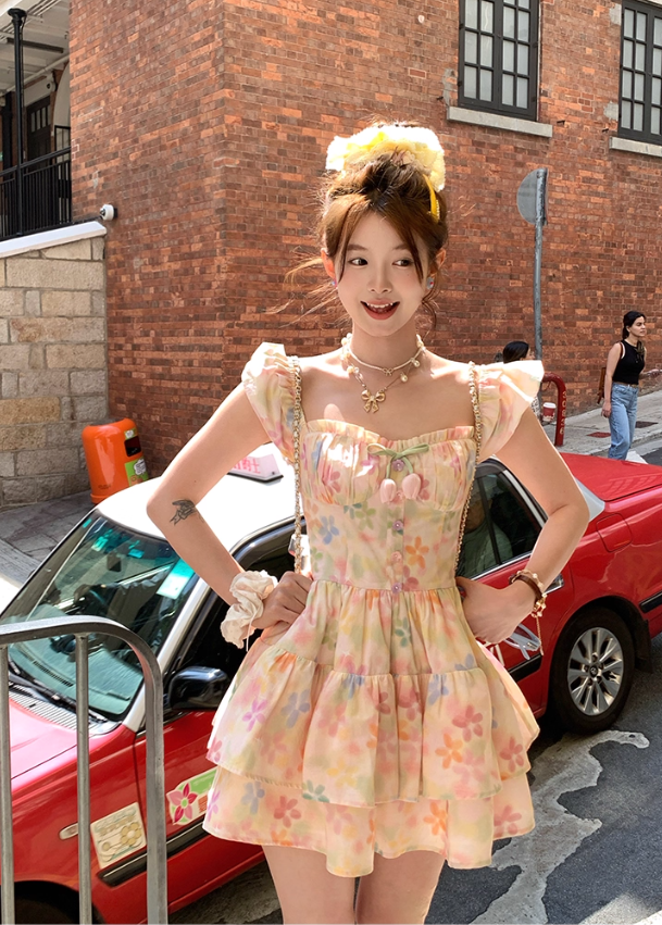 Square neck small flying sleeve waist suspender dress women's summer French skirt R4827