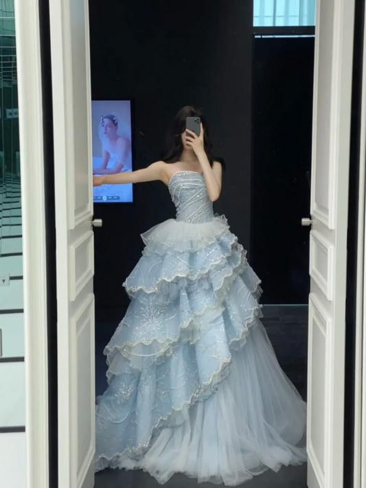 Elegant Blue A-Line Strapless Asymmetrical Hem Corset Maxi Prom Dress Evening Dress RS661