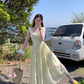 Yellow long v-neck waist hollow rose suspender dress summer French retro skirt R4872