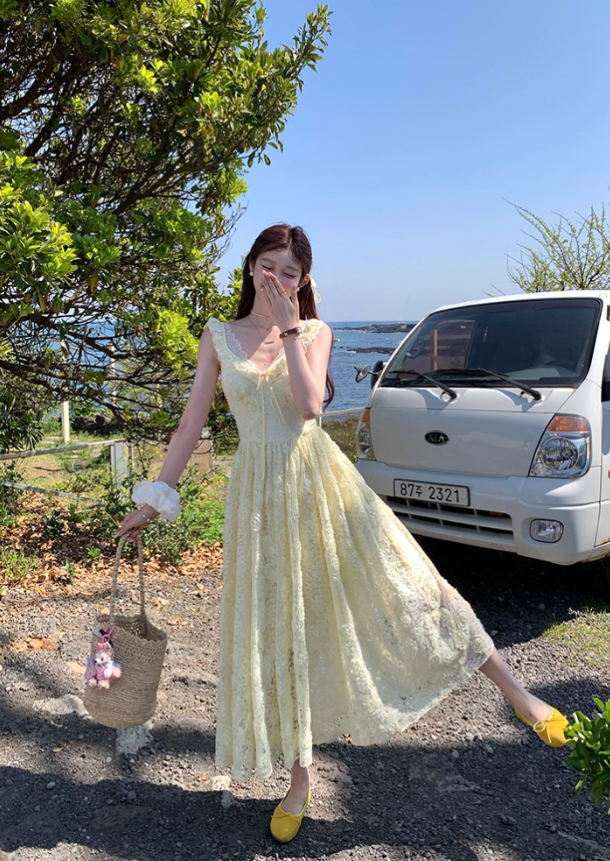 Yellow long v-neck waist hollow rose suspender dress summer French retro skirt R4872