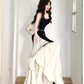 2025 new French black and white contrast suspender dress seaside holiday temperament waist A-line long skirt R0423