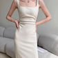 Square neck camisole dress 2025 temperament waist hip slit high-end long skirt R1452