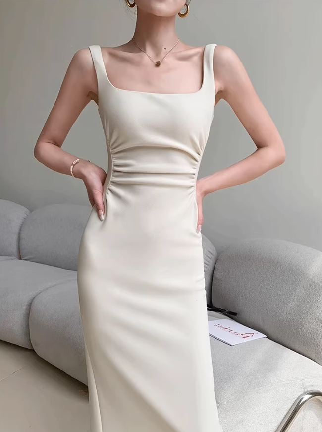 Square neck camisole dress 2025 temperament waist hip slit high-end long skirt R1452