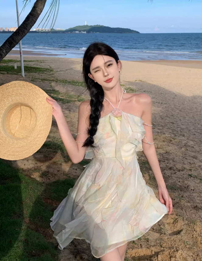 French style holiday sweet halter neck dress super fairy slim beach dress short style R1625