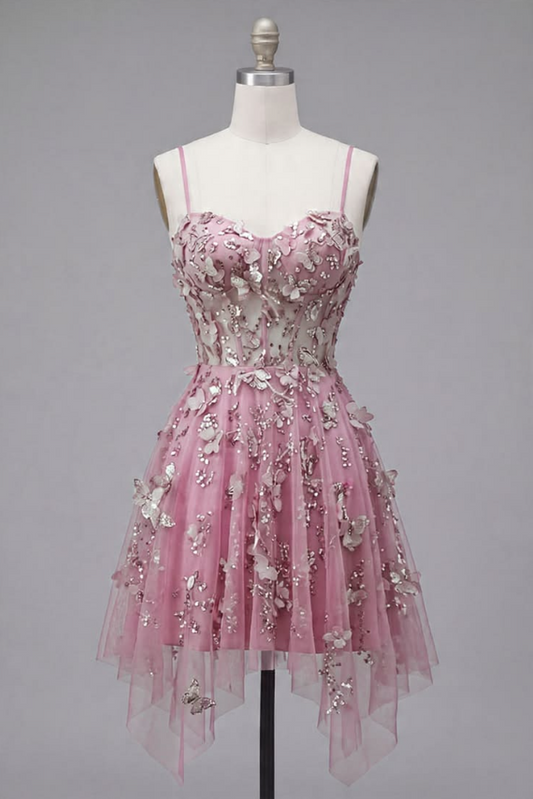 Luxury Barbie Pink Homecoming Dress A-Line Spaghetti Straps Applique Corset Mini Birthday Dress  RS658