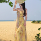 Yellow gradient floral suspender dress with gentle temperament and slim waist R0681