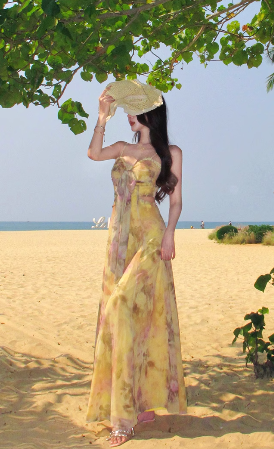 Yellow gradient floral suspender dress with gentle temperament and slim waist R0681