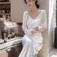 French V-neck satin long-sleeved dress, elegant waist and hip-hugging beautiful long dress R1462