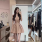 Gentle and elegant pink square neck suspender dress with waist A-line short skirt R0487