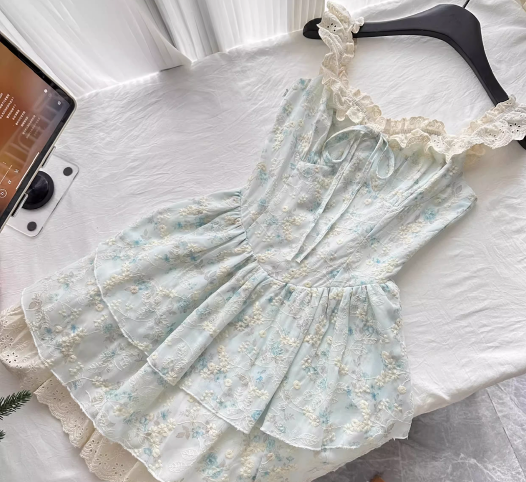 Sweet flying sleeves gentle floral waist princess dress R2008