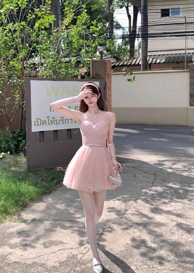 Pink waist chiffon suspender dress for women summer French retro temperament slim skirt R4866