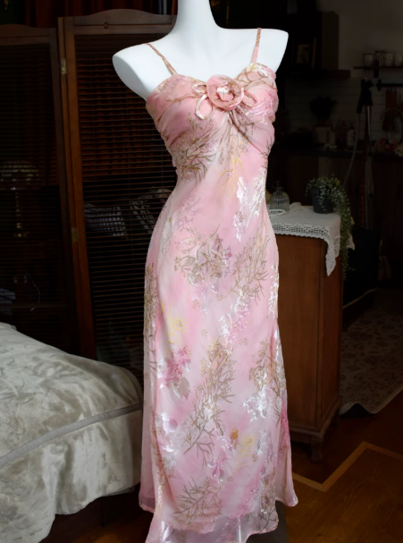 Elegant Pink Prom Dress Sheath Spaghetti Straps Embroidery Corset Maxi Evening Dress RS663