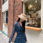 Navy Blue Floral V-Neck Long Sleeve Mini Dress R9094
