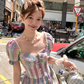 Colorful square neck waist short sleeve plaid dress summer French skirt R5025
