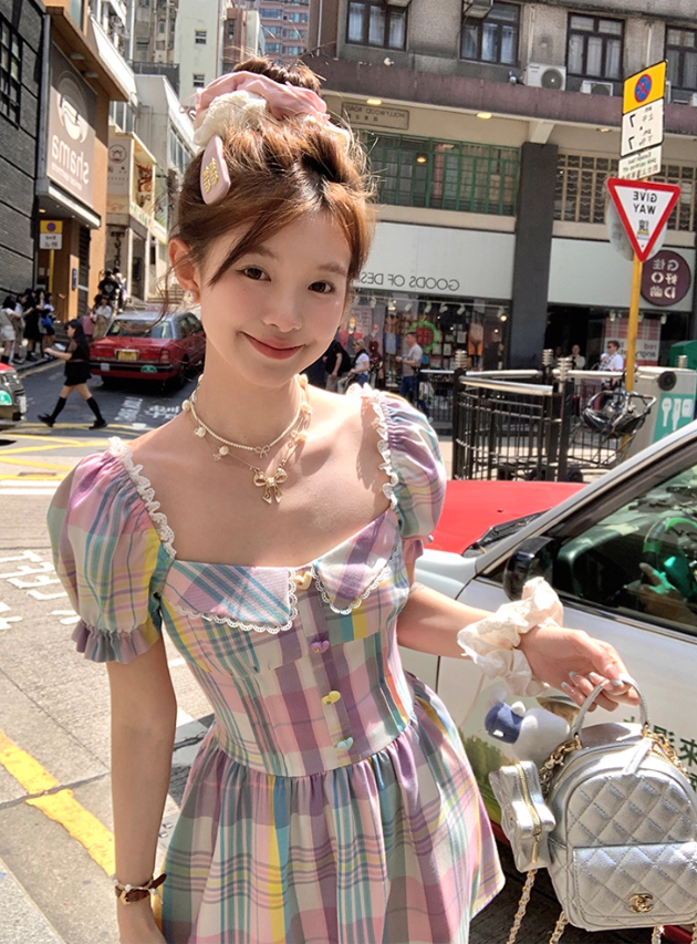 Colorful square neck waist short sleeve plaid dress summer French skirt R5025