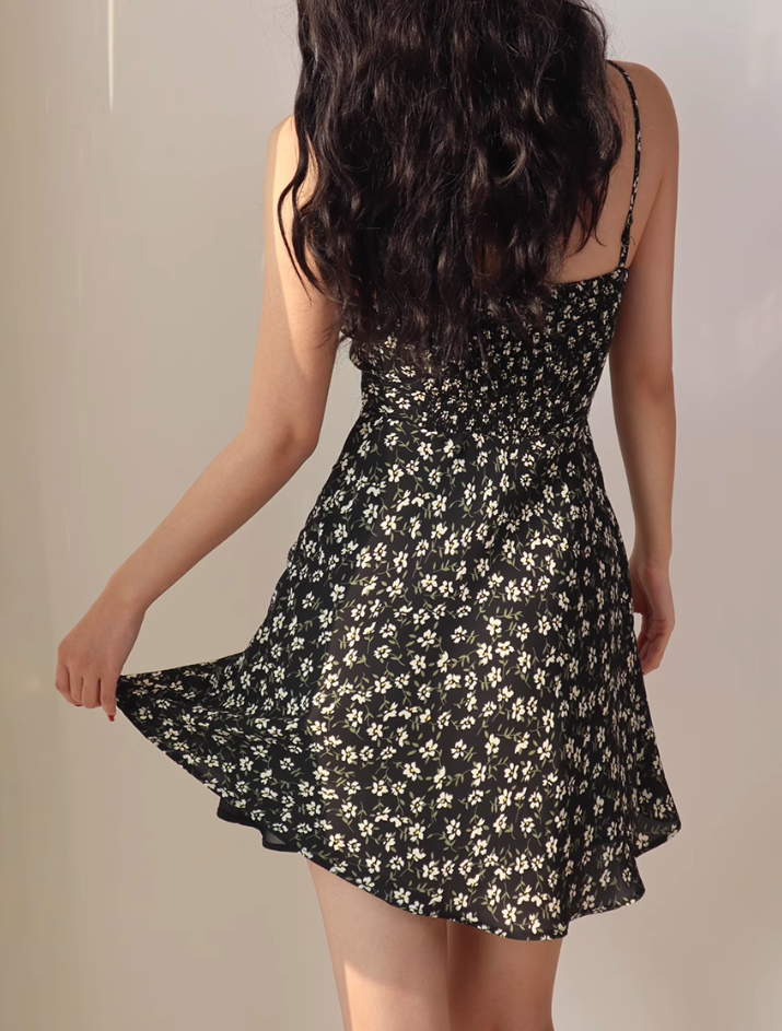 French fresh girl floral suspender skirt slim fit A-line holiday dress short skirt R2806