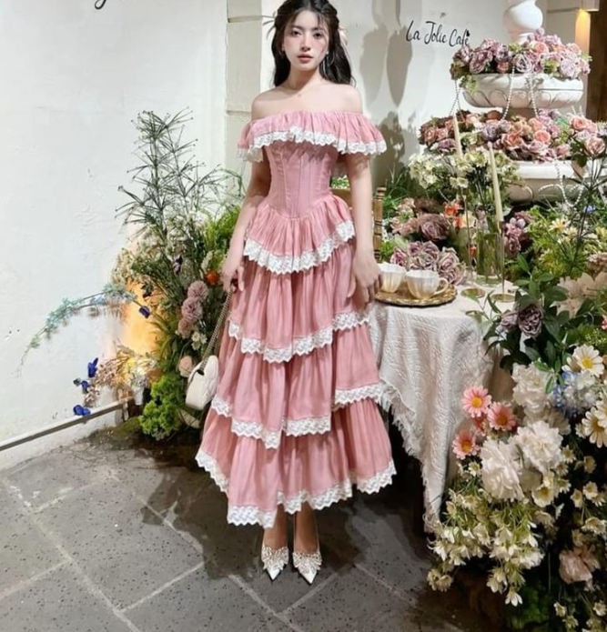 Pink one-shoulder gentle and elegant cake long skirt homecoming dress R4026