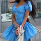 Blue polka dot puff sleeves slim waist A-line short skirt homecoming dress R3842