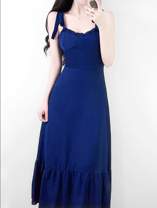 2025 Summer New Blue Beach Temperament Seaside Vacation Long Suspender Dress R0960