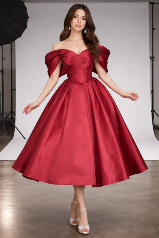 Vibrant Satin Silky Prom Gown Red Women's Maxi Evening Dress Ball Gown RS2829
