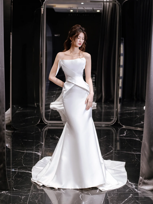 White Strapless Waist Slim Fit Satin Elegant Bridal Dress R6016