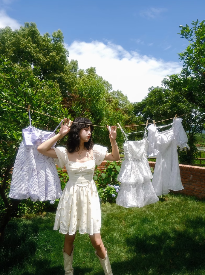 French puff sleeve white floral dress fairy temperament dress vacation R2762