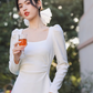 Square collar temperament waist long sleeve dress 2025a gentle long dress R1456