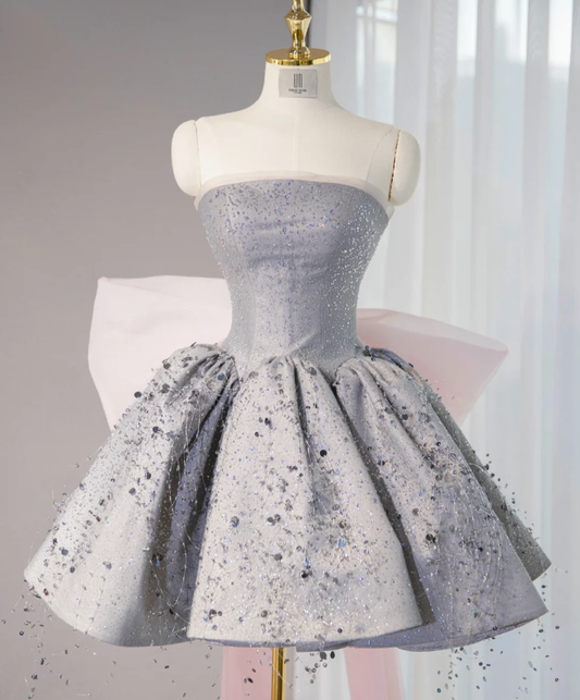 Gray tube top slim waist large swing skirt puffy skirt homecoming dress R4162