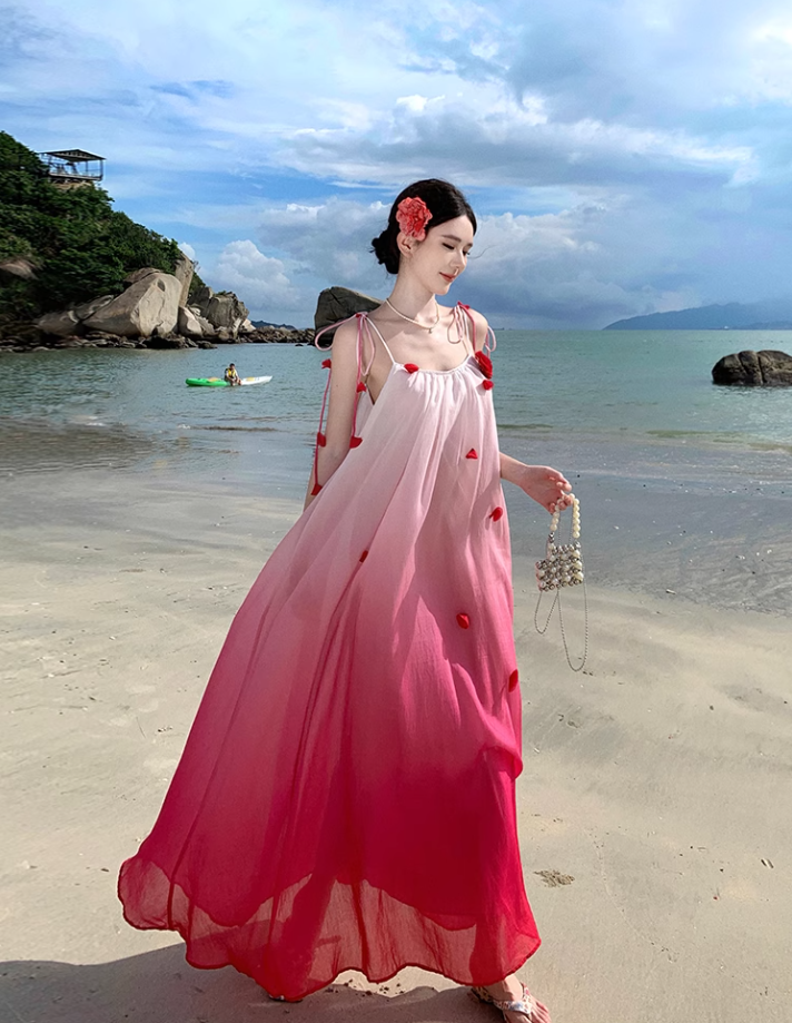 Gradient color loose suspender dress seaside holiday beach dress atmosphere long dress R1614