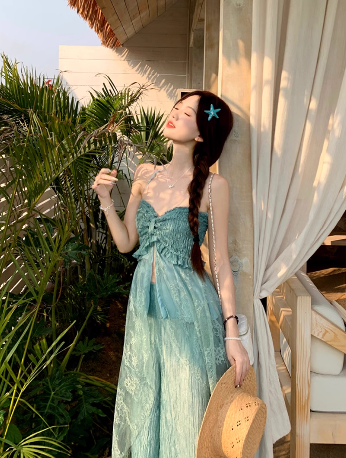 Fairy outfit: a halter neck tube top with small slings, mint green wide-leg pants, two-piece suit R1761