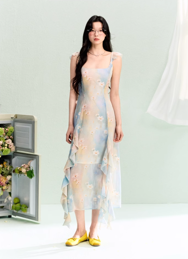 Chiffon smudged kelp-edge printed suspender dress for women summer waist-length dress R3327