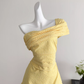 Off-shoulder yellow plaid bud texture A-line elastic waist dress R2065