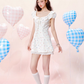Petal Neck Waist Short Sleeve Cotton Printed Polka Dot Dress R5255