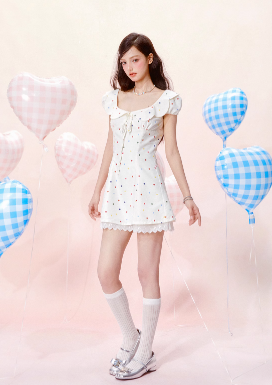 Petal Neck Waist Short Sleeve Cotton Printed Polka Dot Dress R5255