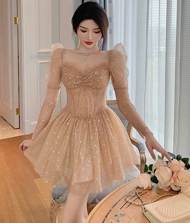 Sparkly Champagne Homecoming Dress , Tulle Sequins Corset Short Prom Dress RS1695