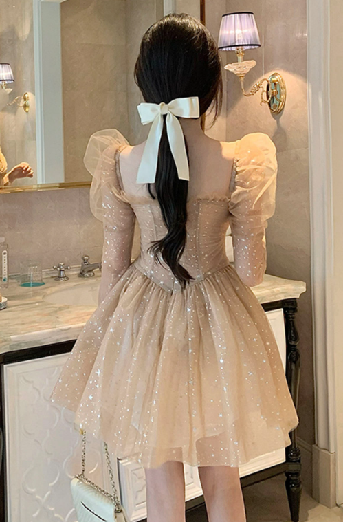 Sparkly Champagne Homecoming Dress , Tulle Sequins Corset Short Prom Dress RS1695