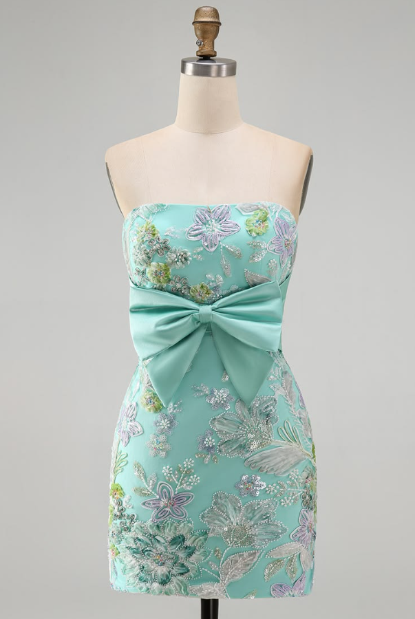 Floral Vibrant Strapless Women's Homecoming Dress Mint Green Corset Short Prom Dress Birthday Dress RS2563