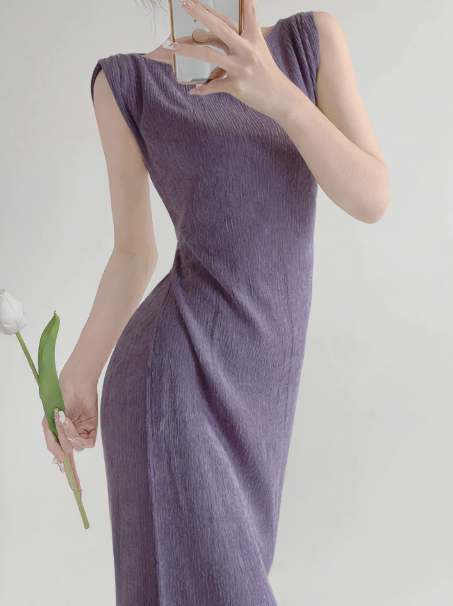 Minimalist Purple Evening Dress Sheath Jewel Bodycon Maxi Prom Dress RS666