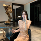 Retro Heavy Khaki Sleeveless Three-Dimensional Decorative Dress for Women R4257