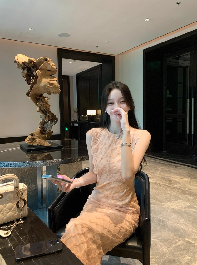 Retro Heavy Khaki Sleeveless Three-Dimensional Decorative Dress for Women R4257