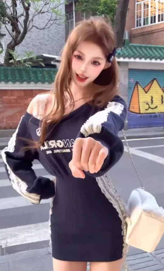 Sports style oblique collar off-shoulder sweater dress 2025 lace patchwork waist hip short skirt R1237