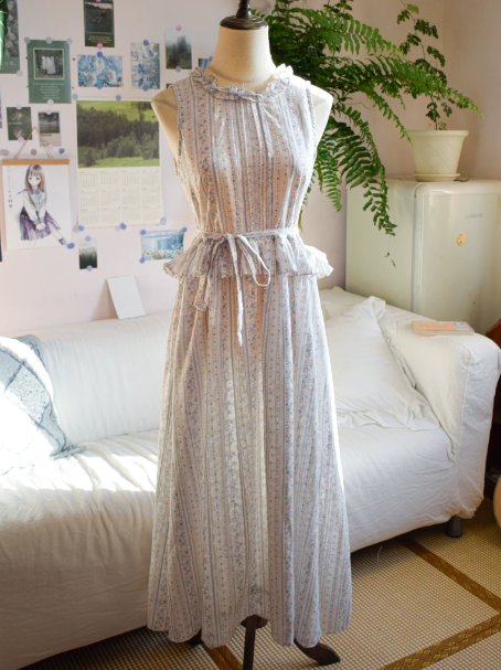 Fresh Pale Blue Summer Dress A-Line High Collar Maxi Women Dress RS667