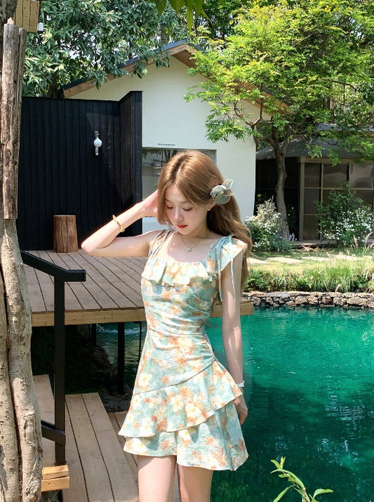 Green oil painting waist dress holiday design suspenders floral dress women summer R3909