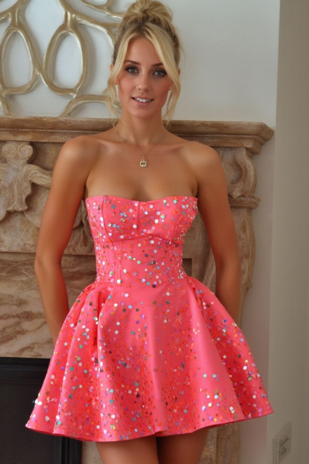 Pink Sequined Strapless Waisted Princess Skirt Homecoming Dress R3611