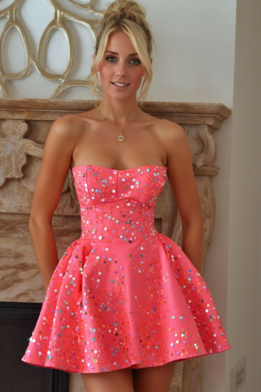 Pink Sequined Strapless Waisted Princess Skirt Homecoming Dress R3611