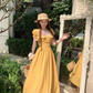 Long yellow square neck waist floral dress summer French temperament skirt R4911