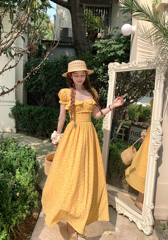 Long yellow square neck waist floral dress summer French temperament skirt R4911