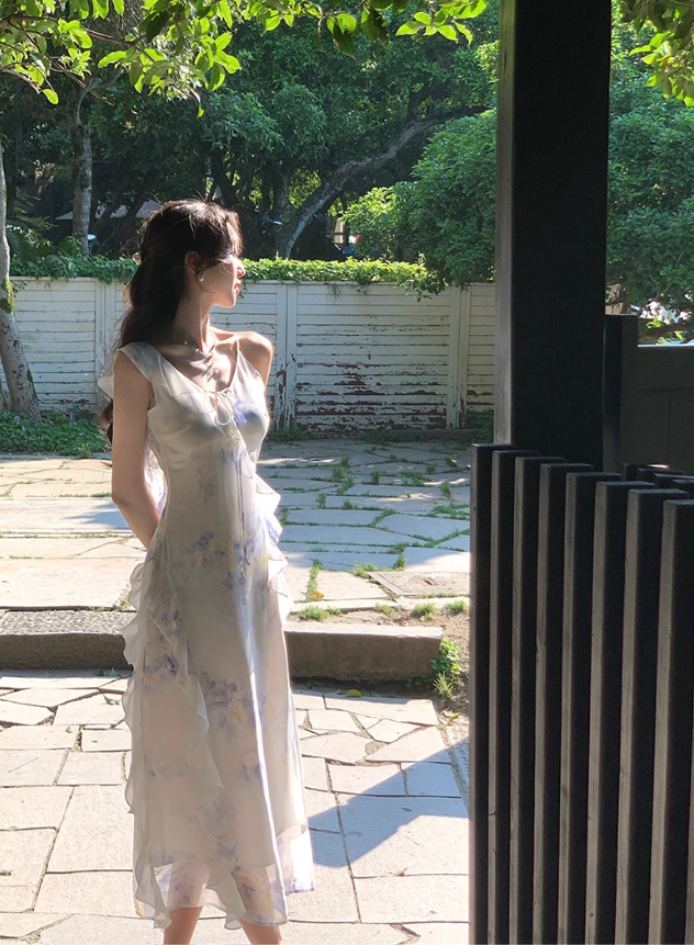 High-end V-neck dress new summer French design waist niche temperament long skirt R4334