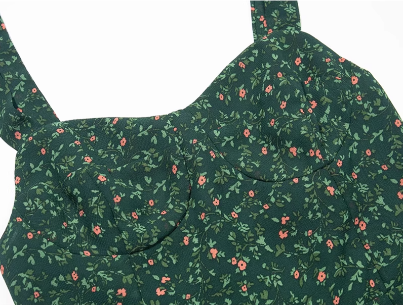 2025 Summer New Retro Platycodon Floral Green Holiday Short Suspender Dress R0906